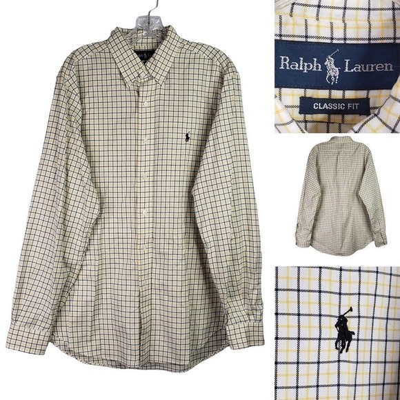 Polo Ralph Lauren Oxford Men's Large Yellow Check LS Button Down Shirt Vintage - Picture 1 of 9